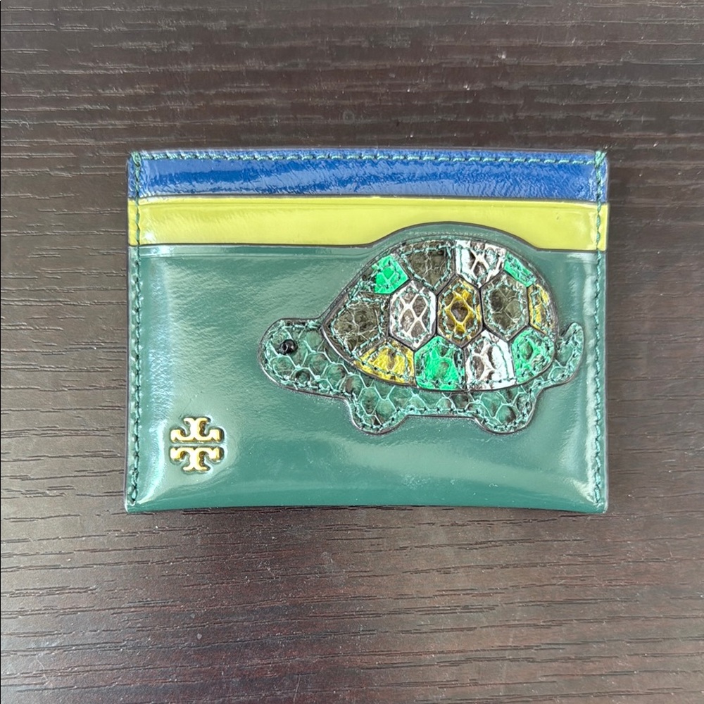 Tory Burch Green Card Holder with Turtle Motif